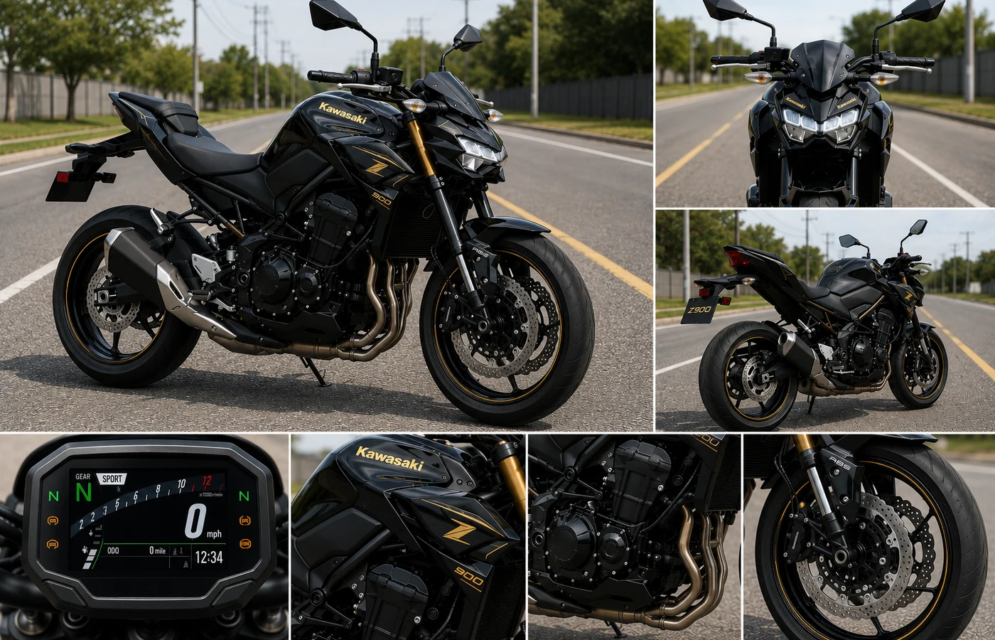 Black 2026 Kawasaki Z900 with gold accents photographed on a regular road