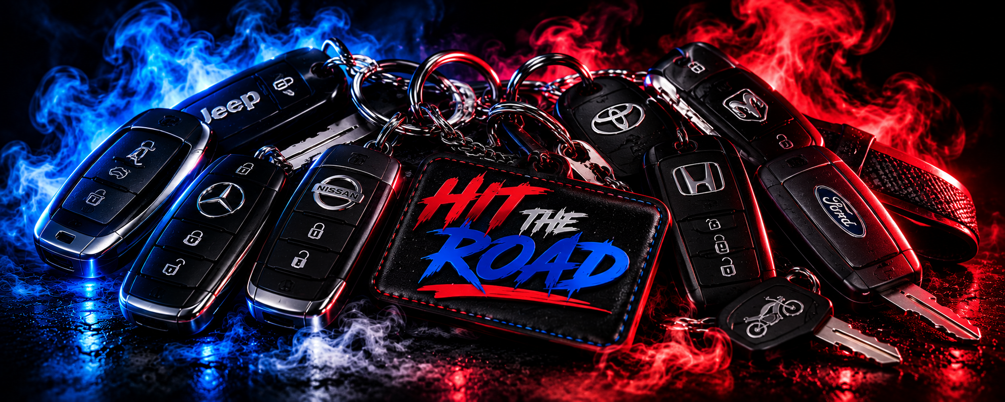 Hit the Road rental keys with red and blue smoke